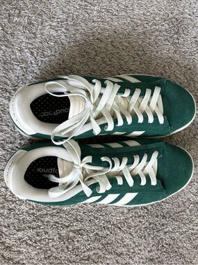 adidas Green Suede Sneakers with White Stripes and Laces
